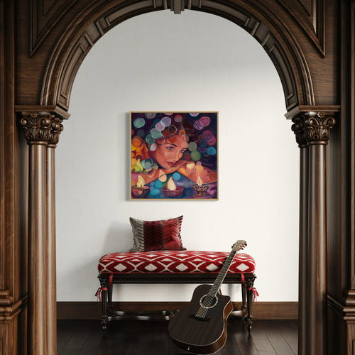 19736 Contemplative Glow Original Mixed Media Oil on Canvas Oak Frame Sharon Comello Art