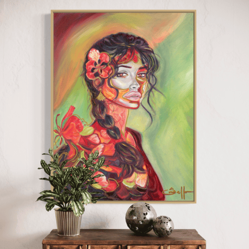 Fiery Grace Original Mixed Media Oil on canvas Oak Frame - 20076 Sharon Comello Art