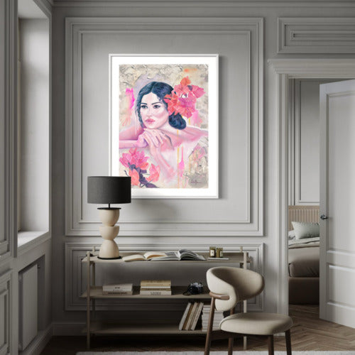 Floral Contemplation Fine Art Print with Embossed border White Frame_19706_SharonComello.Art