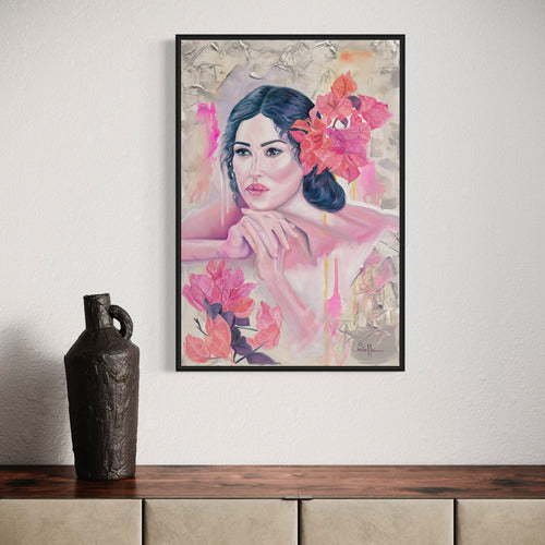 Floral Contemplation Original Mixed Media Oil on Canvas Black Frame - 19706 SharonComello.Art