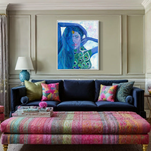 Peacocks Embrace Canvas Print Large White Frame 19740 SharonComello.Art