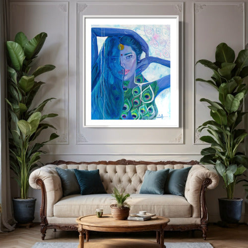 Peacocks Embrace Fine Art Print White Frame With White Embossed Border 19740 SharonComello.Art